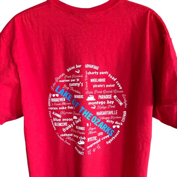 Upcycled Lake of the Ozarks Tee: Red LOZ Graphic T-Shirt, Landmarks & Marinas, L - Picture 7 of 16